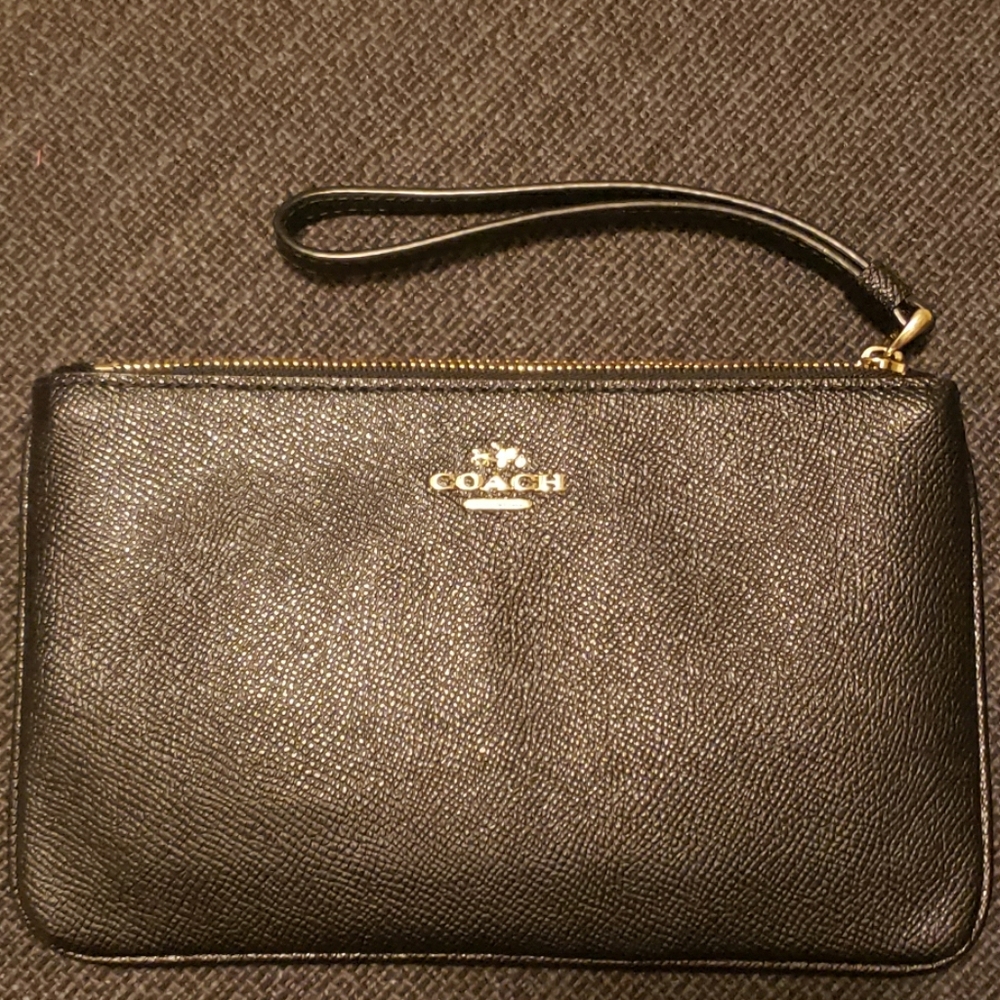 Black leather coach wristlet gold zip